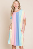 BOMBOM Striped Short Sleeve Dress with Pockets - Trendsi