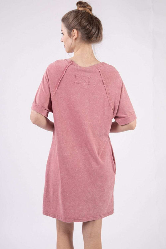 VERY J Washed Round Neck Mini Tee Dress - Trendsi - Flyclothing LLC