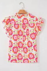 Floral Ruffled Sleeve Ric-Rac Trim Split Neck Loose Blouse - Trendsi - Flyclothing LLC