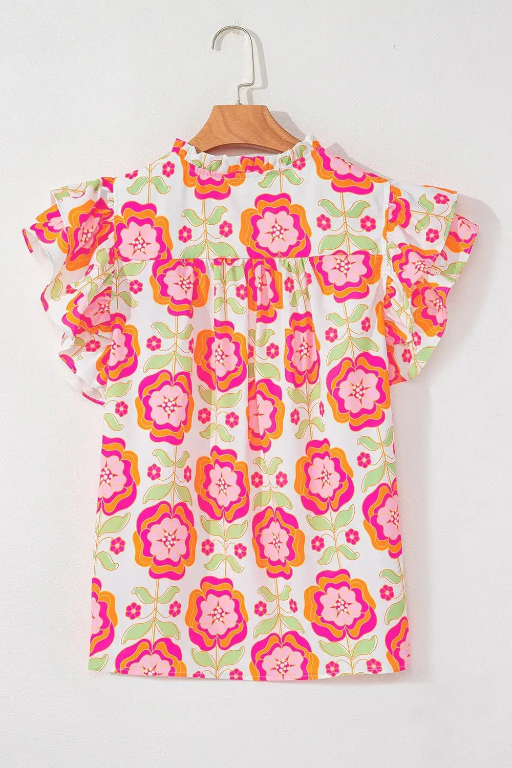Floral Ruffled Sleeve Ric-Rac Trim Split Neck Loose Blouse - Trendsi - Flyclothing LLC