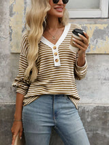 Striped Button Detail Long Sleeve T-Shirt - Trendsi - Flyclothing LLC