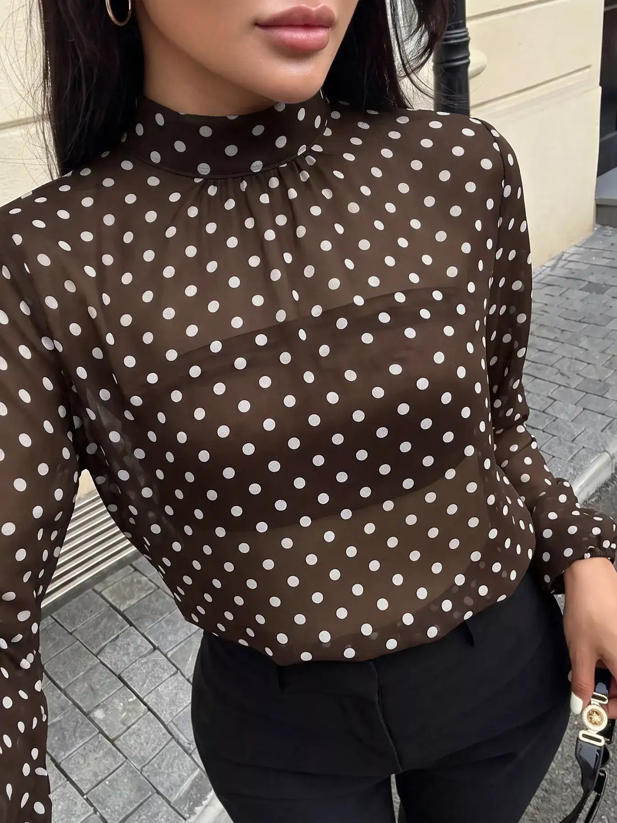 Polka Dot Mock Neck Long Sleeve Blouse - Trendsi - Flyclothing LLC