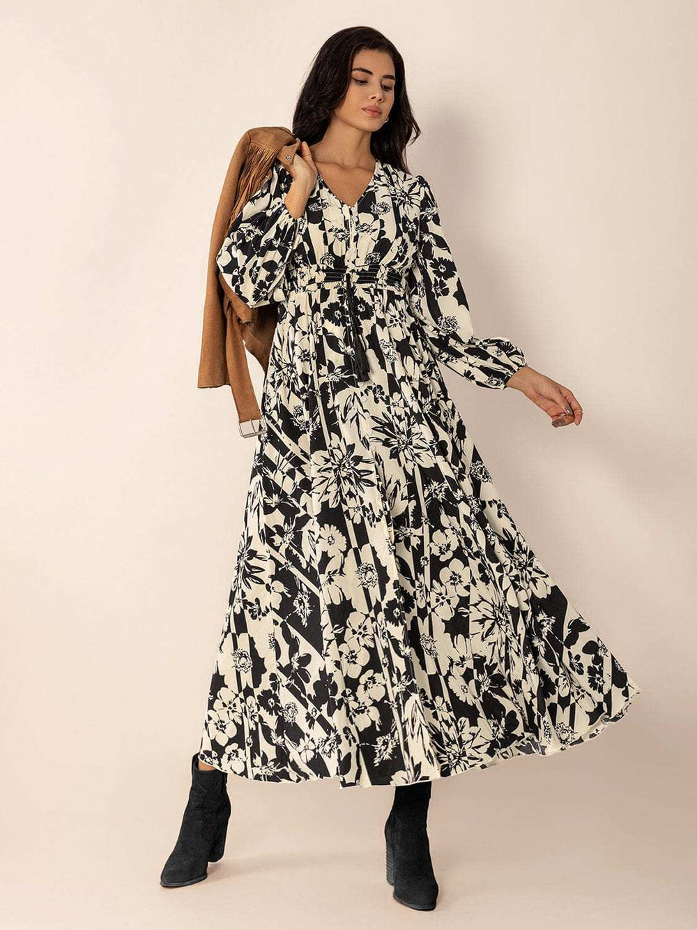 Tied Printed V-Neck Long Sleeve Midi Dress - Trendsi - Flyclothing LLC