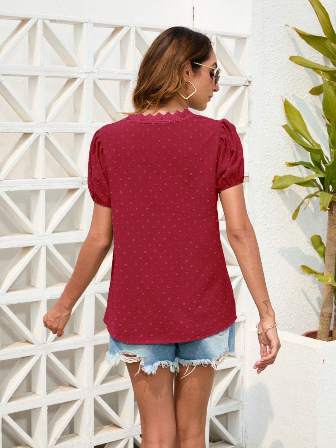 Swiss Dot Lace Detail V-Neck Blouse - Trendsi - Flyclothing LLC