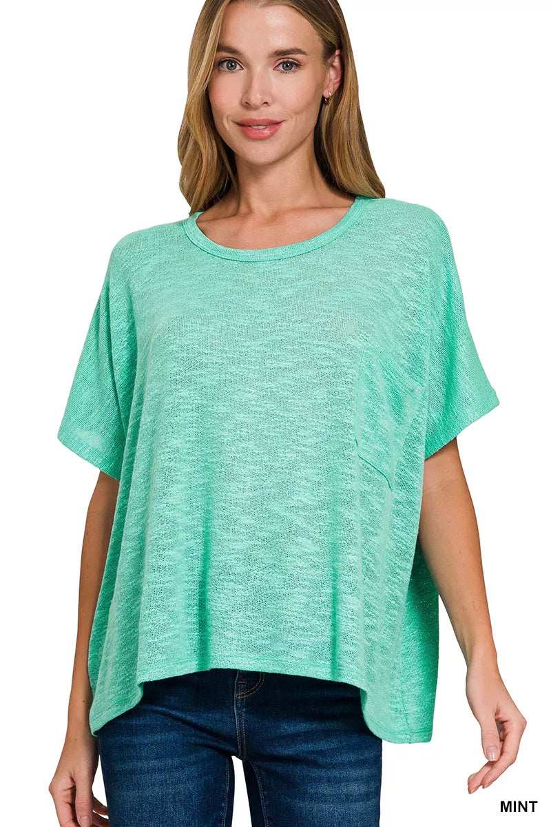 Zenana Oversized Slub Hacci Top with Pocket - Trendsi - Flyclothing LLC