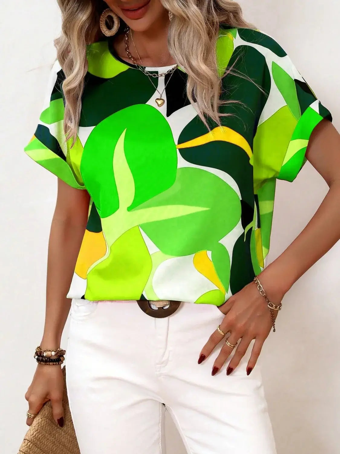 Contrast Round Neck Short Sleeve Blouse - Trendsi - Flyclothing LLC