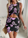 Cutout Printed Round Neck Sleeveless Mini Dress - Trendsi