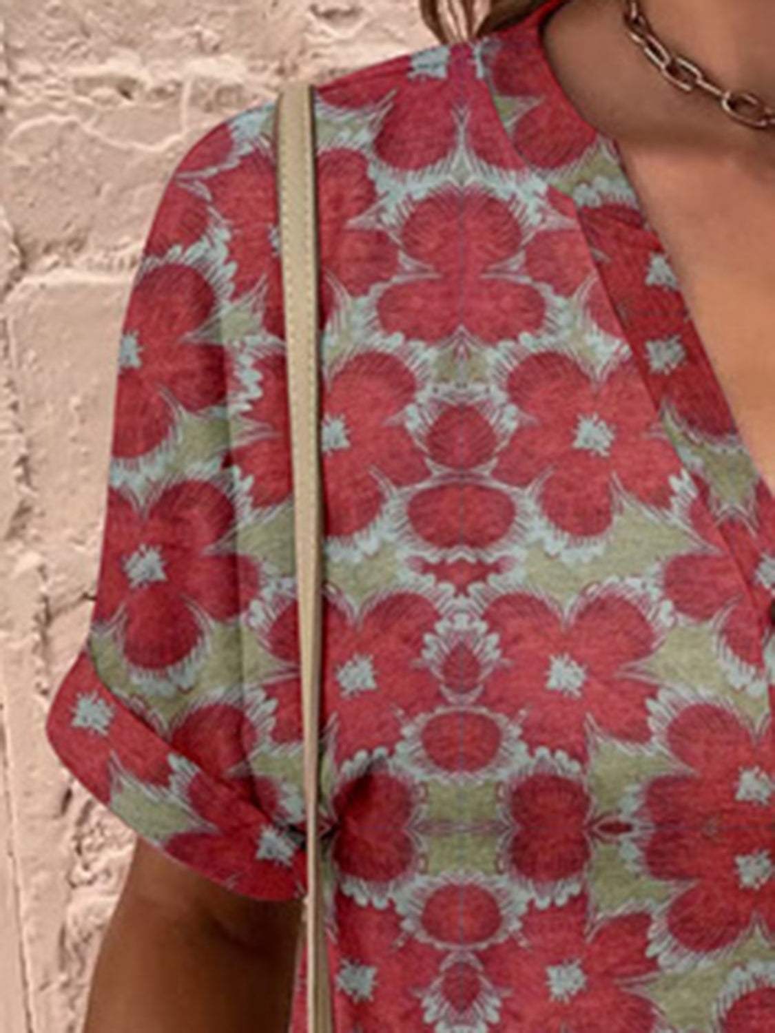 Full Size Printed Notched Short Sleeve Blouse - Trendsi - Flyclothing LLC
