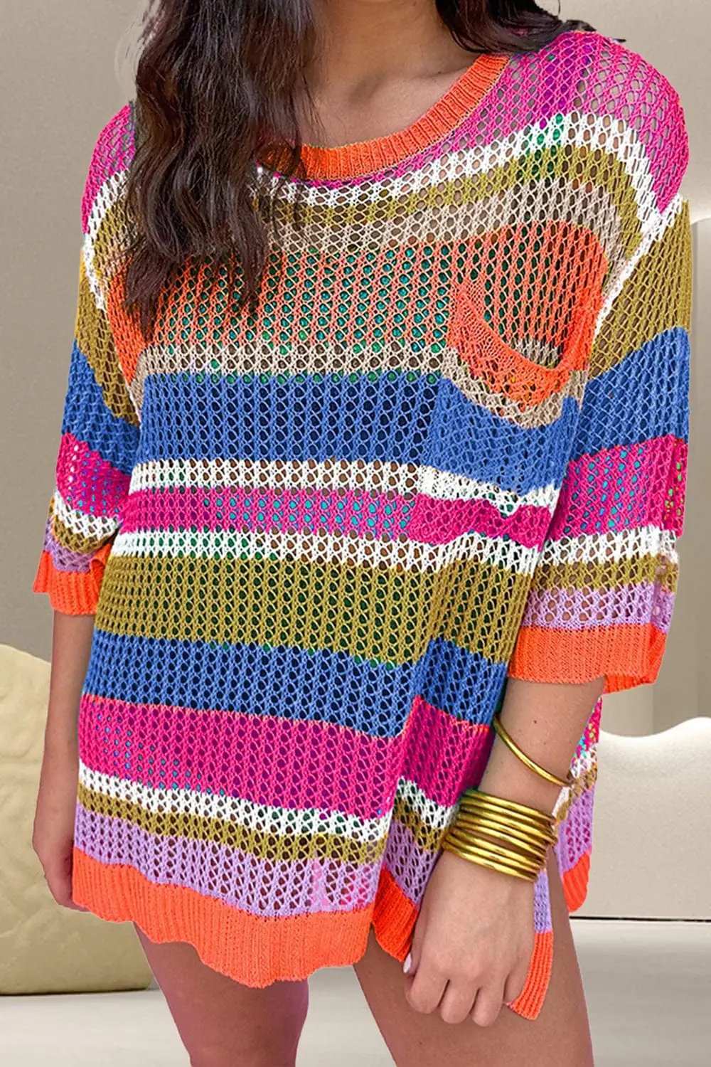 Openwork Round Neck Dropped Shoulder Knit Cover-Up - Trendsi - Flyclothing LLC
