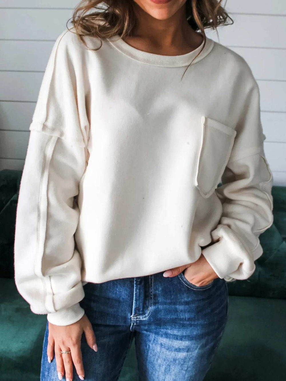 Exposed Seam Chest Pocket Knit Pullover Sweatshirt - Trendsi - Flyclothing LLC