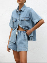 Button Up Short Sleeve Top and Shorts Denim Set - Trendsi - Flyclothing LLC