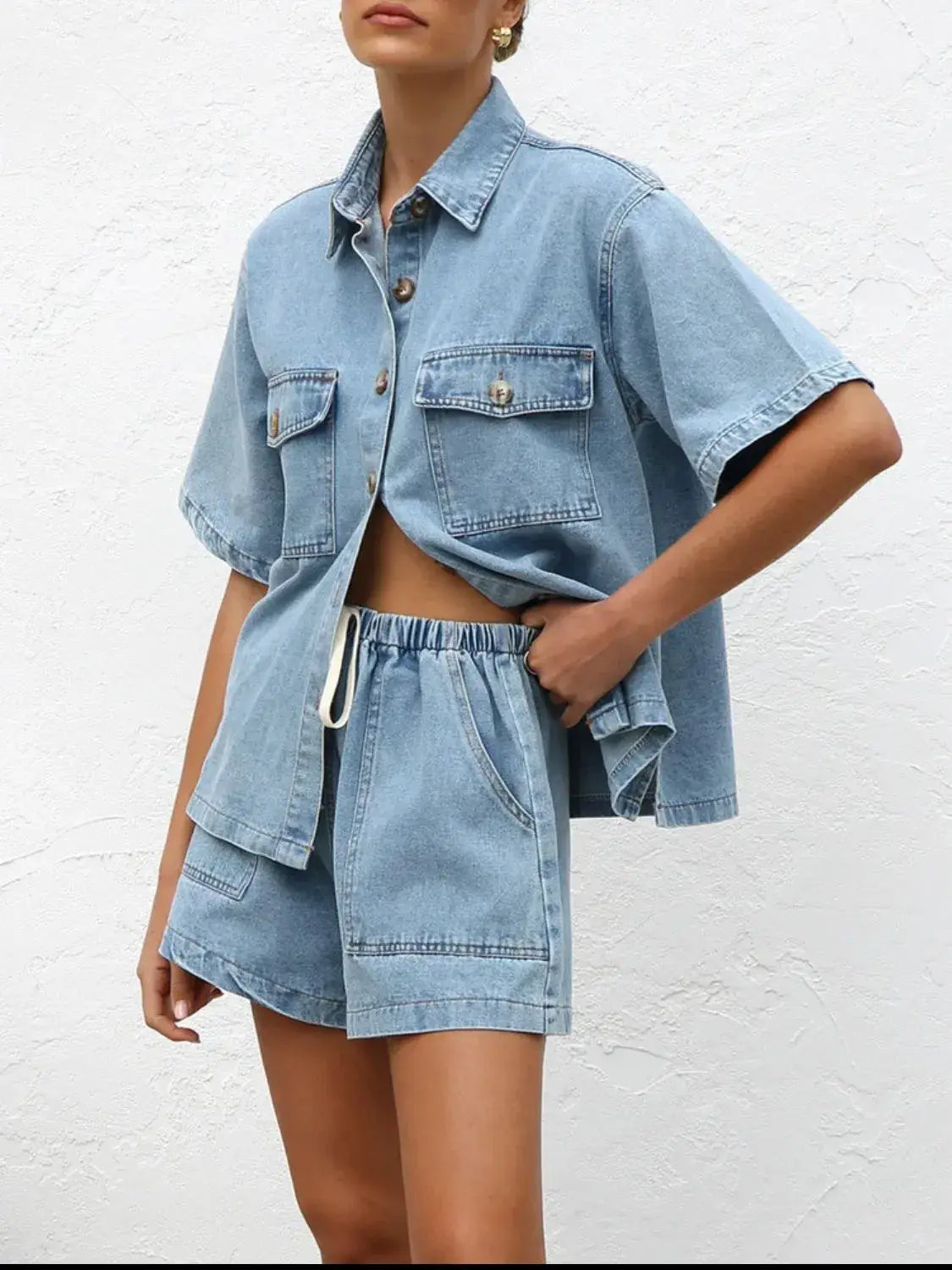 Button Up Short Sleeve Top and Shorts Denim Set - Trendsi - Flyclothing LLC