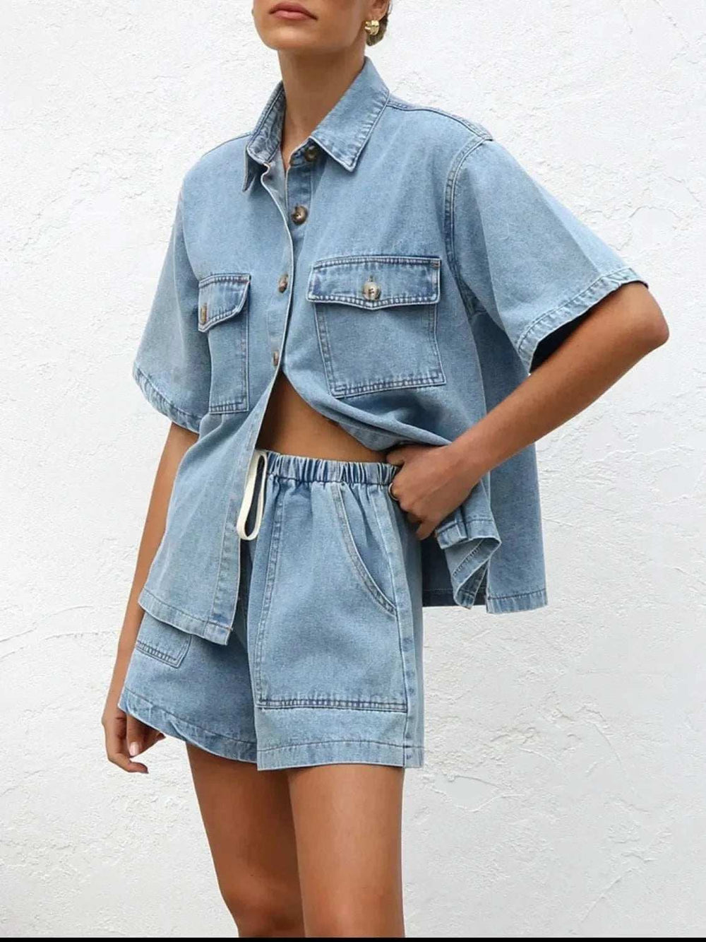 Button Up Short Sleeve Top and Shorts Denim Set - Trendsi - Flyclothing LLC