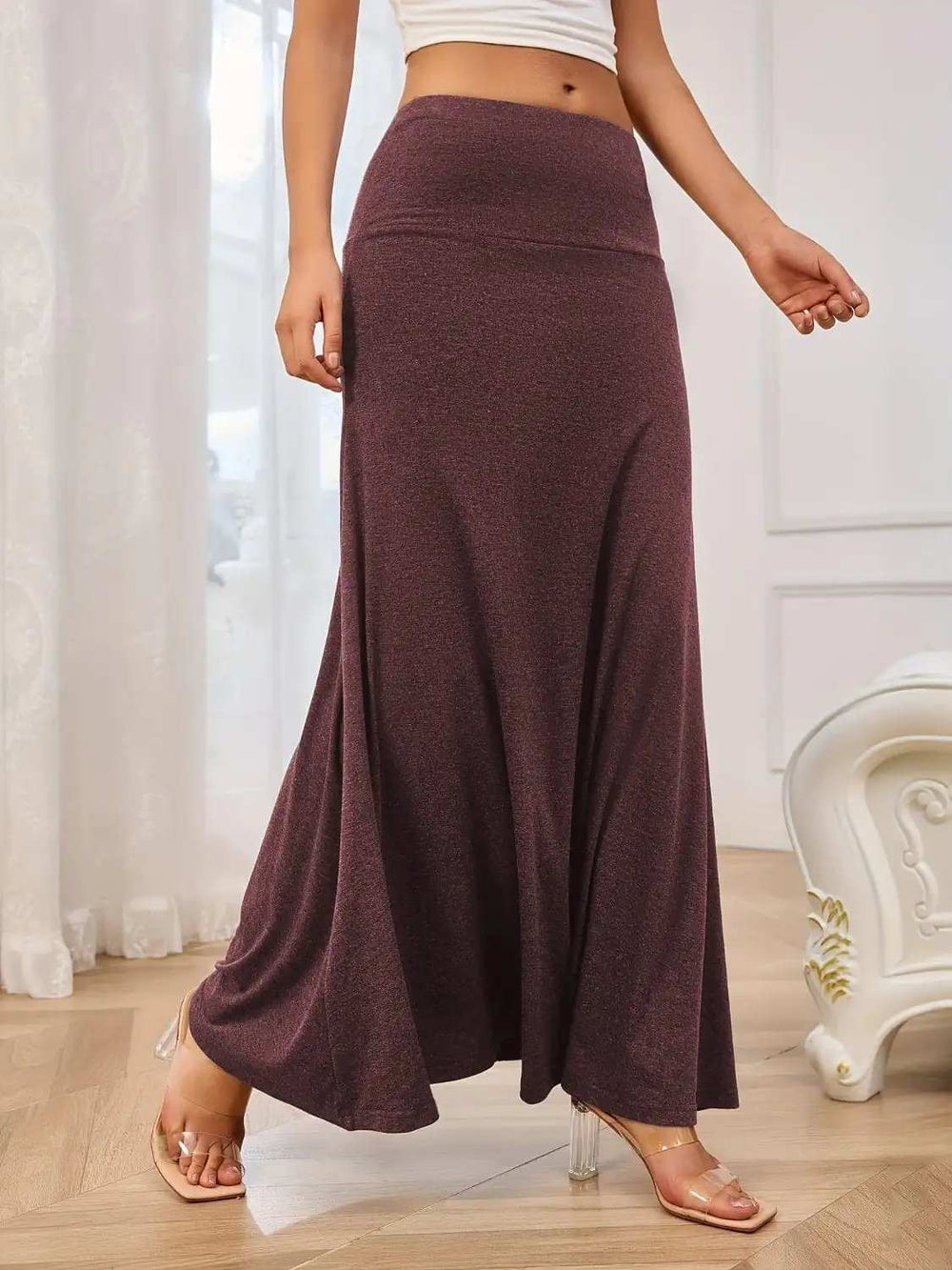 Solid Elastic Waist Maxi Skirt - Trendsi - Flyclothing LLC