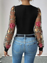 Perfee Embroidered V-Neck Long Sleeve Bodysuit - Trendsi - Flyclothing LLC