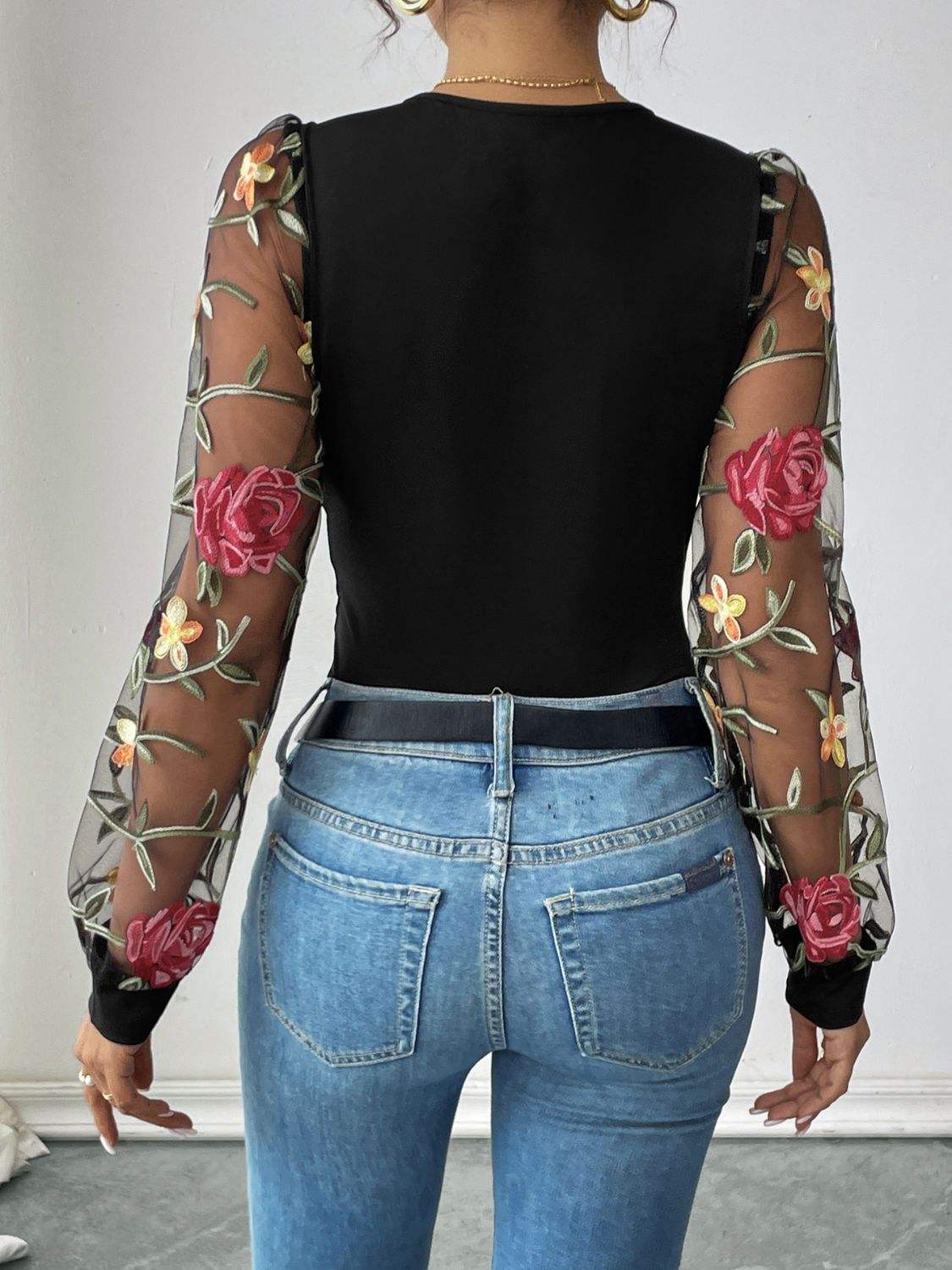 Perfee Embroidered V-Neck Long Sleeve Bodysuit - Trendsi - Flyclothing LLC
