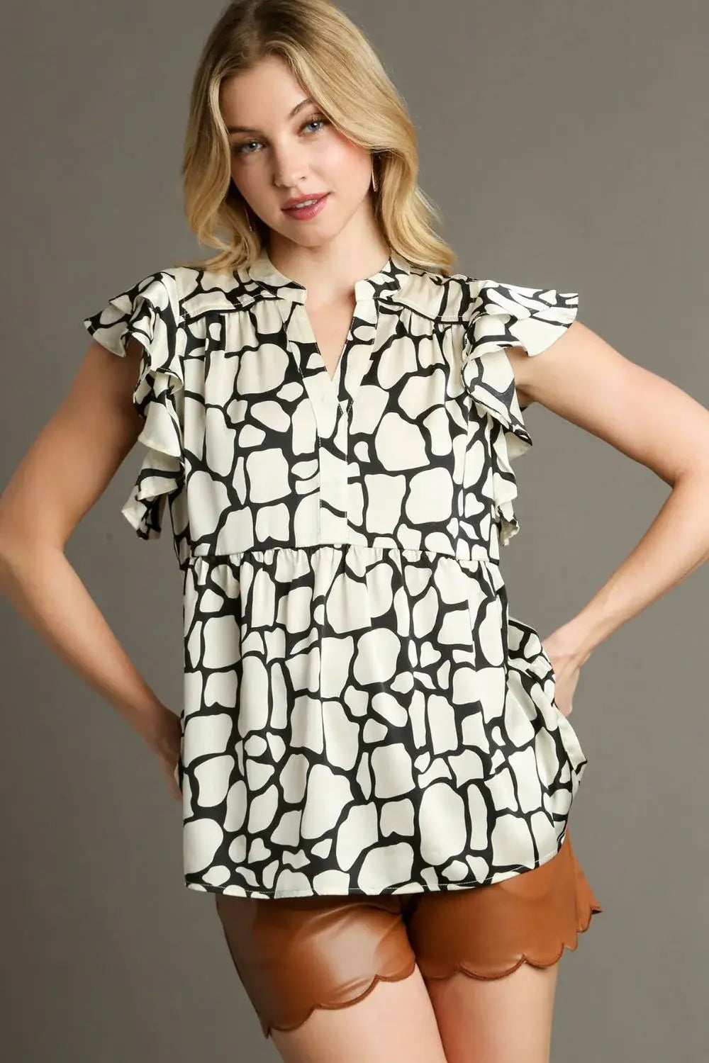 Umgee Full Size Two Tone Animal Print Notched Ruffle Cap Sleeve Blouse Plus Size - Trendsi - Flyclothing LLC