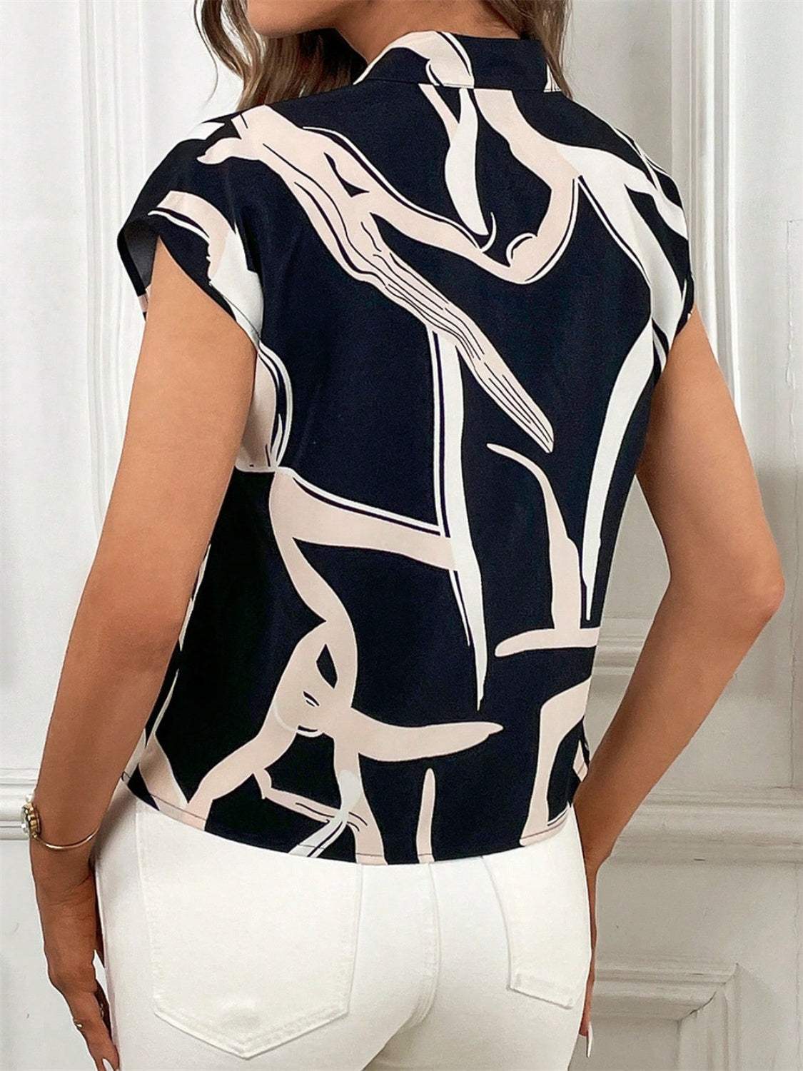Printed Tie Neck Cap Sleeve Blouse - Trendsi - Flyclothing LLC