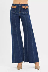 RISEN High Rise Wide Flare Jeans with Front Leather Pocket Detail - Trendsi - Flyclothing LLC