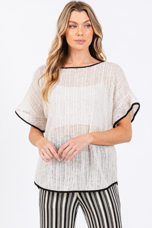 GeeGee Contrast Trim Short Sleeve Knit Cover Up - Trendsi
