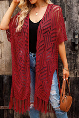 Openwork Open Front Cardigan with Fringes - Trendsi - Flyclothing LLC