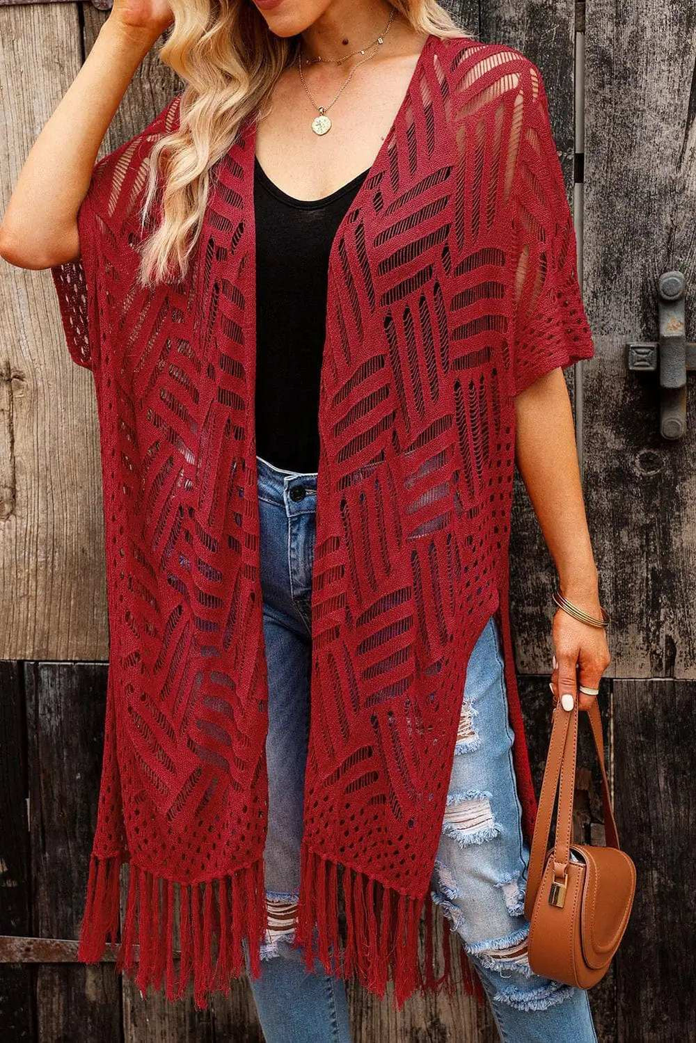 Openwork Open Front Cardigan with Fringes - Trendsi - Flyclothing LLC