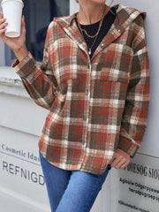 Plaid Button Up Long Sleeve Hooded Jacket - Trendsi