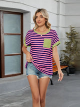 Striped Round Neck Short Sleeve T-Shirt - Trendsi - Flyclothing LLC