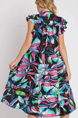 Umgee Full Size Leaf Print Double Layered Ruffle Sleeve Tiered Midi Dress Plus Size - Trendsi - Flyclothing LLC
