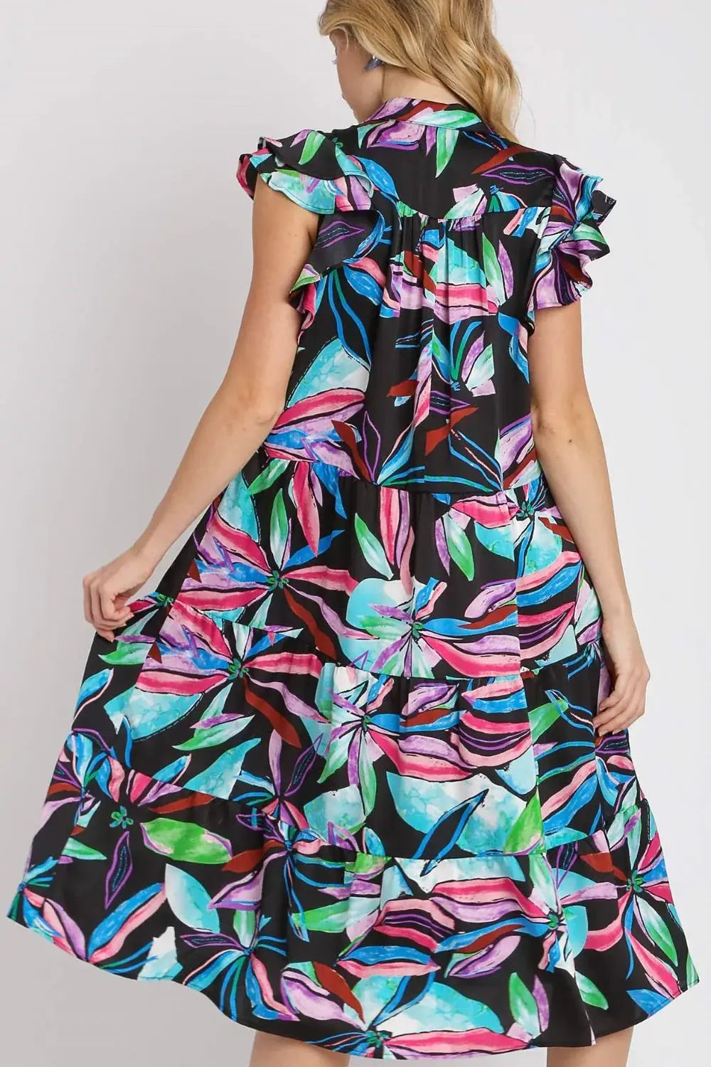 Umgee Full Size Leaf Print Double Layered Ruffle Sleeve Tiered Midi Dress Plus Size - Trendsi - Flyclothing LLC