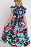 Umgee Full Size Leaf Print Double Layered Ruffle Sleeve Tiered Midi Dress Plus Size - Trendsi