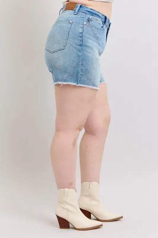Judy Blue Full Size High Waist Western Embroidery Detail Cut Off Denim Shorts Plus Size - Trendsi - Flyclothing LLC