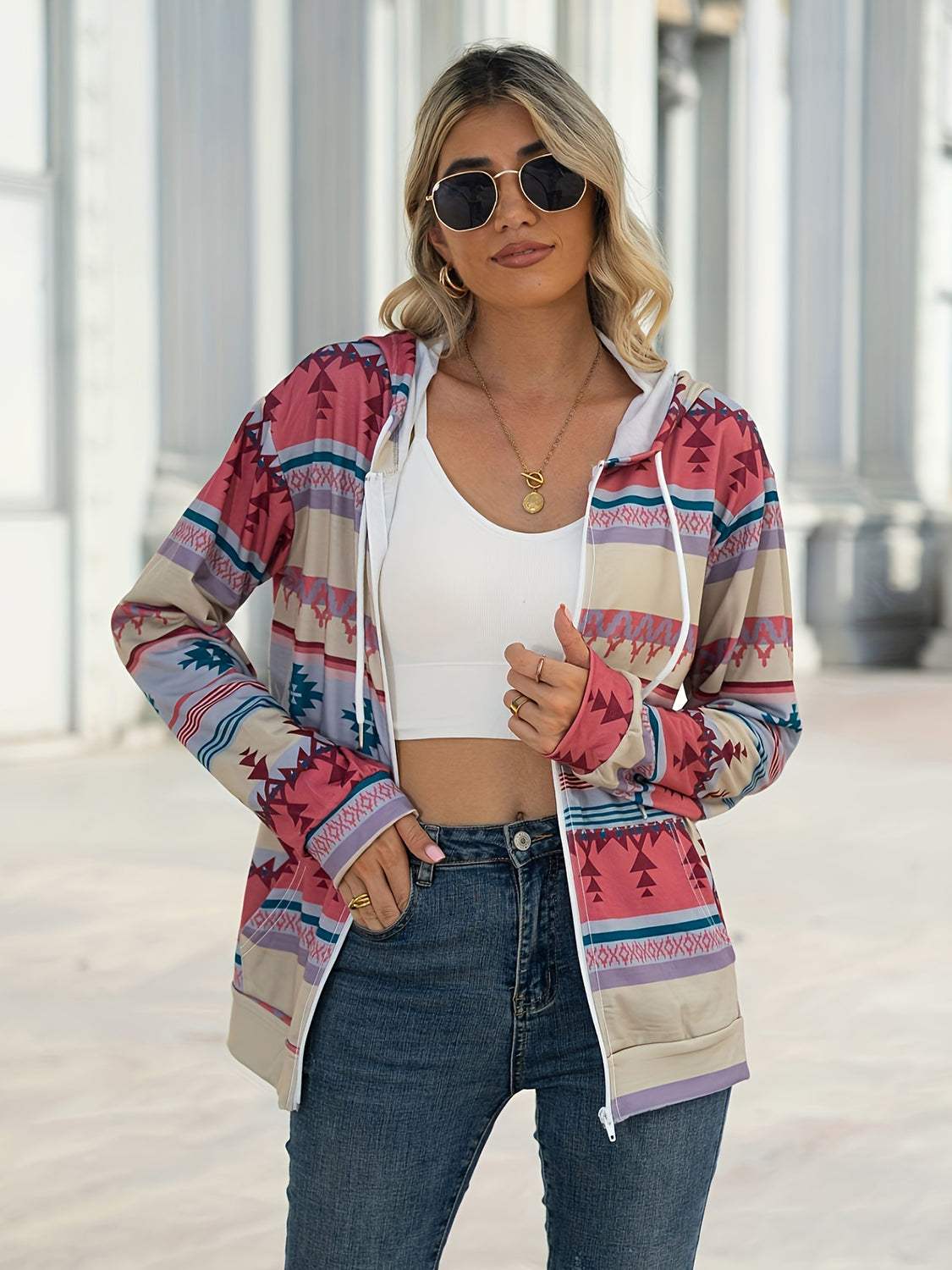 Geometric Zip Up Long Sleeve Hooded Jacket - Trendsi - Flyclothing LLC