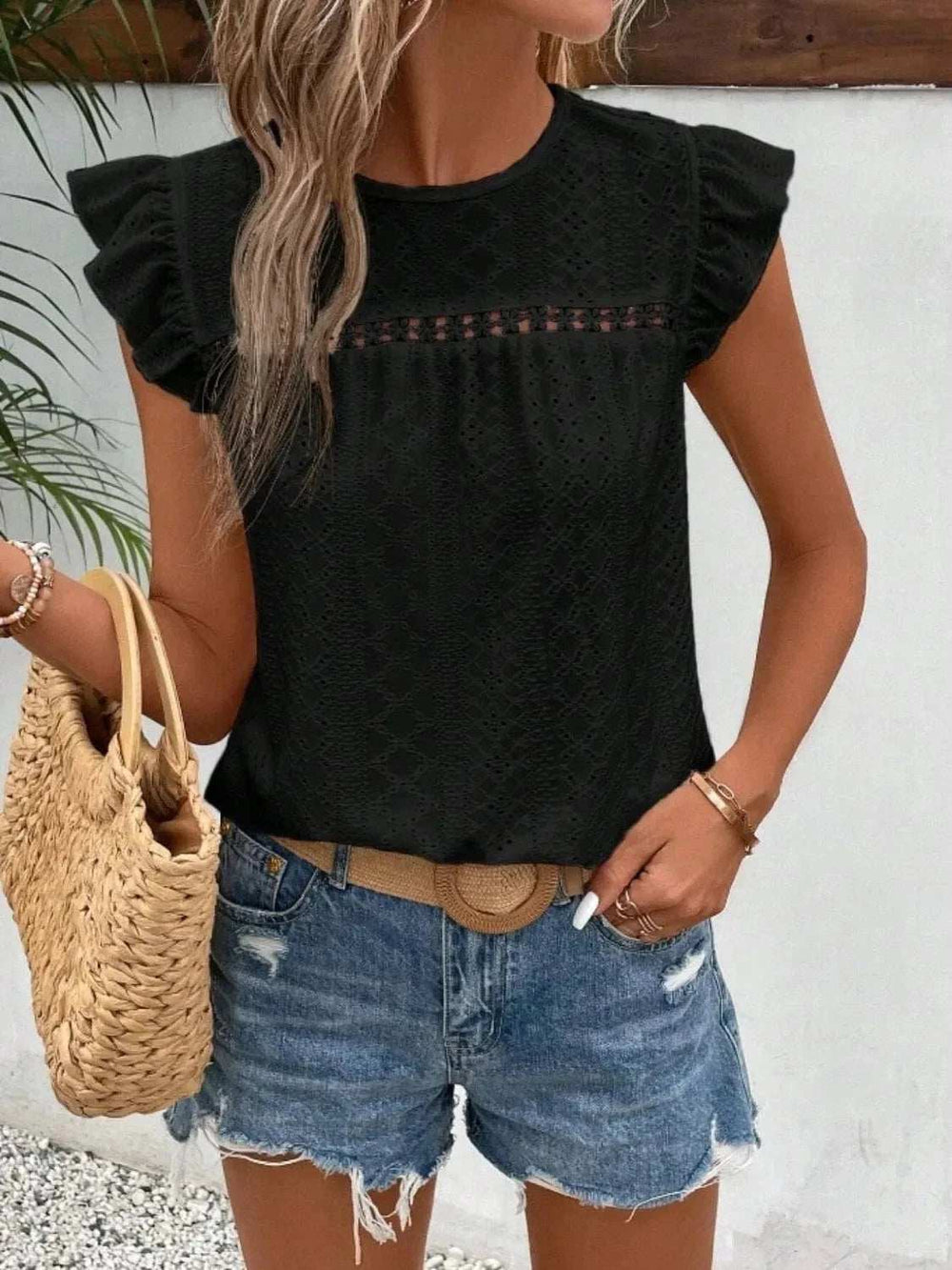 Eyelet Round Neck Cap Sleeve Top - Trendsi - Flyclothing LLC