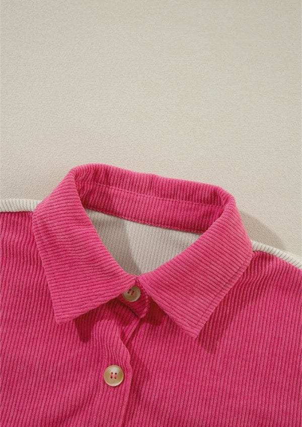 Color Block Curved Hem Corduroy Shacket with Pocket - Trendsi - Flyclothing LLC