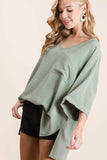 BiBi Flowy Woven V-Neck Top with Rolled Up Cuffs - Trendsi - Flyclothing LLC