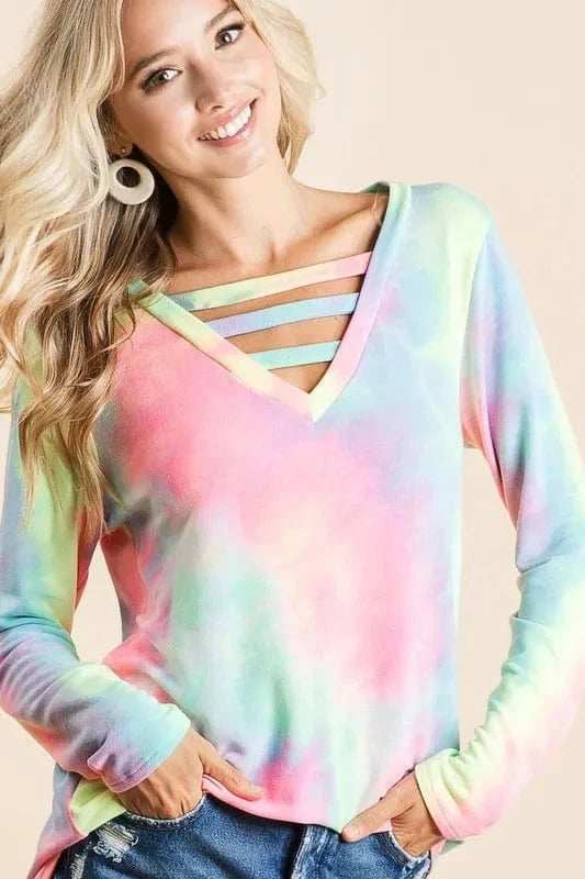 BiBi Tie Dye French Terry V-Neck Top with Strapped - Trendsi - Flyclothing LLC