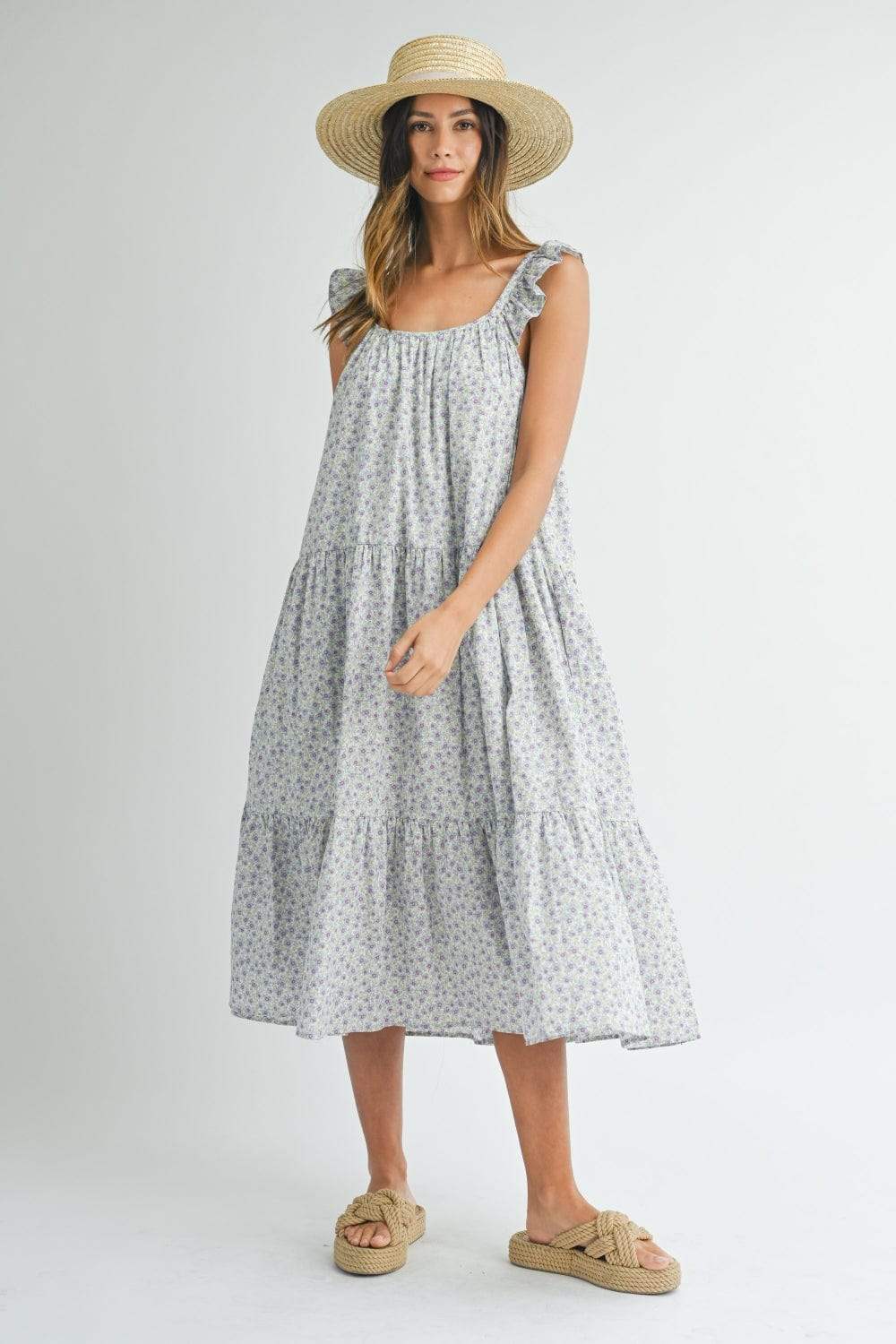 MABLE Floral Ruffle Shoulder Tiered Midi Dress - Trendsi - Flyclothing LLC