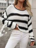Striped Round Neck Long Sleeve Sweater - Trendsi - Flyclothing LLC