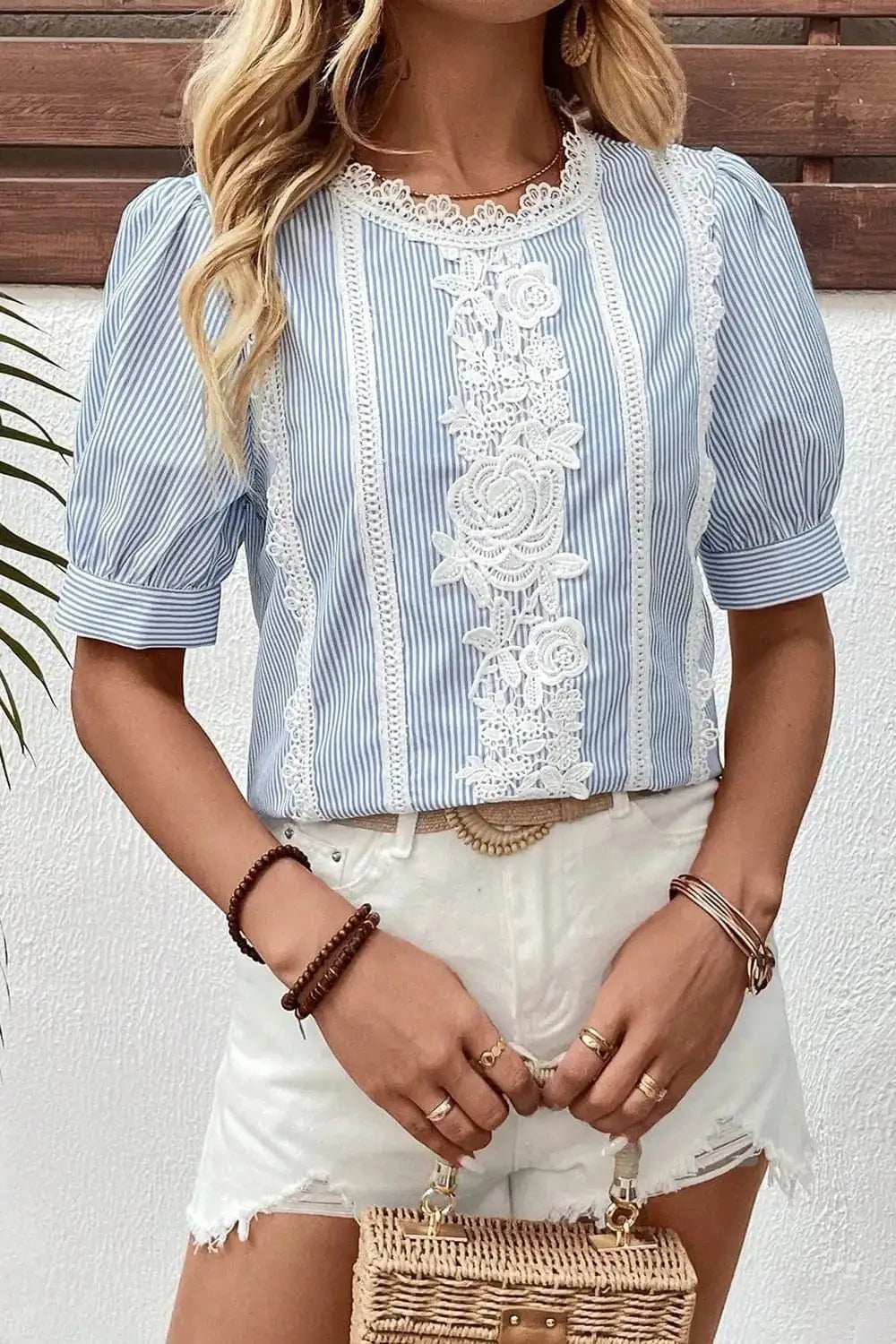 Lace Detail Striped Round Neck Half Sleeve Blouse - Trendsi - Flyclothing LLC