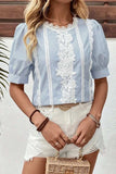 Lace Detail Striped Round Neck Half Sleeve Blouse - Trendsi - Flyclothing LLC