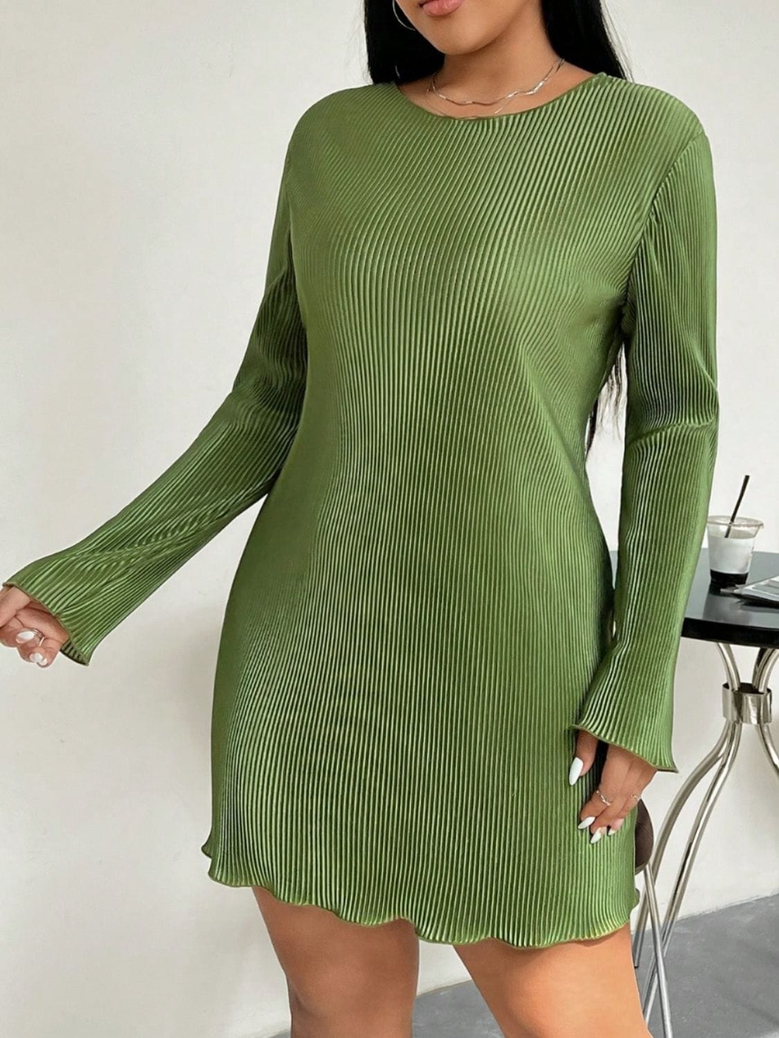 Honey Plus Size Lettuce Hem Round Neck Long Sleeve Dress - Trendsi