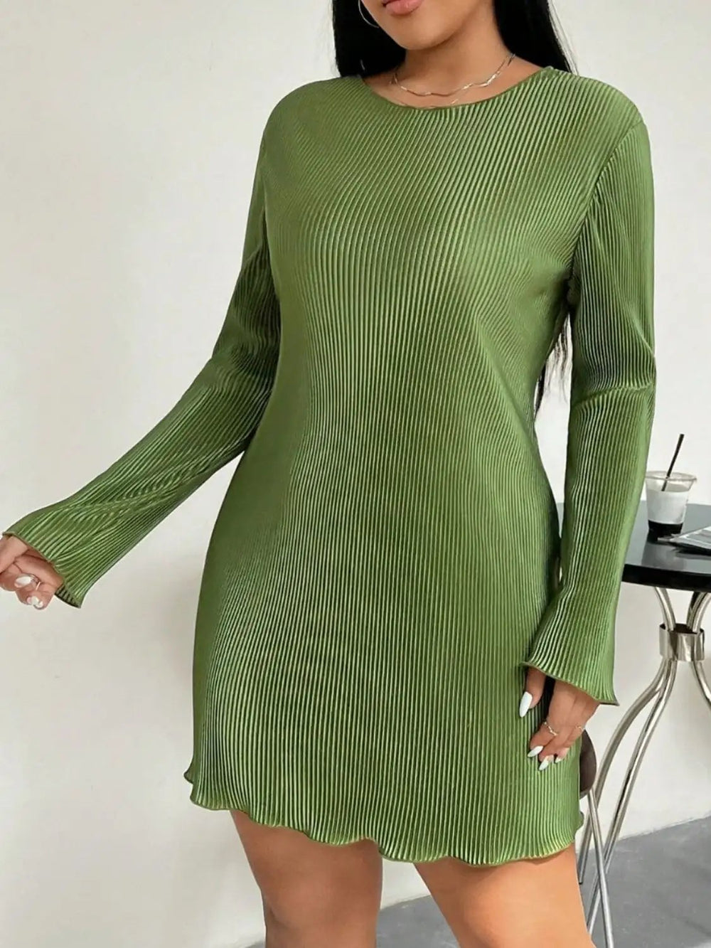 Honey Plus Size Lettuce Hem Round Neck Long Sleeve Dress - Trendsi