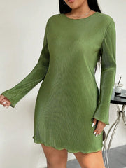 Honey Plus Size Lettuce Hem Round Neck Long Sleeve Dress - Trendsi