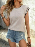 Perfee Contrast Trim Round Neck Cap Sleeve Knit Top - Trendsi