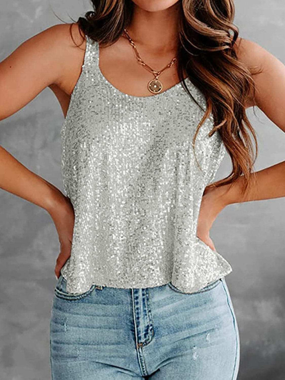 Sequin Scoop Neck Tank - Trendsi - Flyclothing LLC