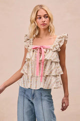 BiBi Floral Printed Woven Front Bow Tied Ruffled Square Neck Sleeveless Top - Trendsi - Flyclothing LLC
