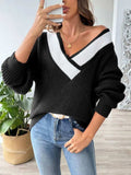 Contrast Dropped Shoulder Long Sleeve Sweater - Trendsi - Flyclothing LLC