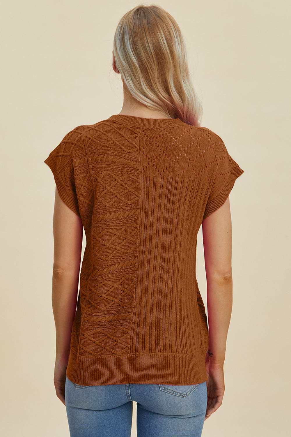 Double Take Full Size Cable-Knit Round Neck Cap Sleeve Sweater - Trendsi - Flyclothing LLC