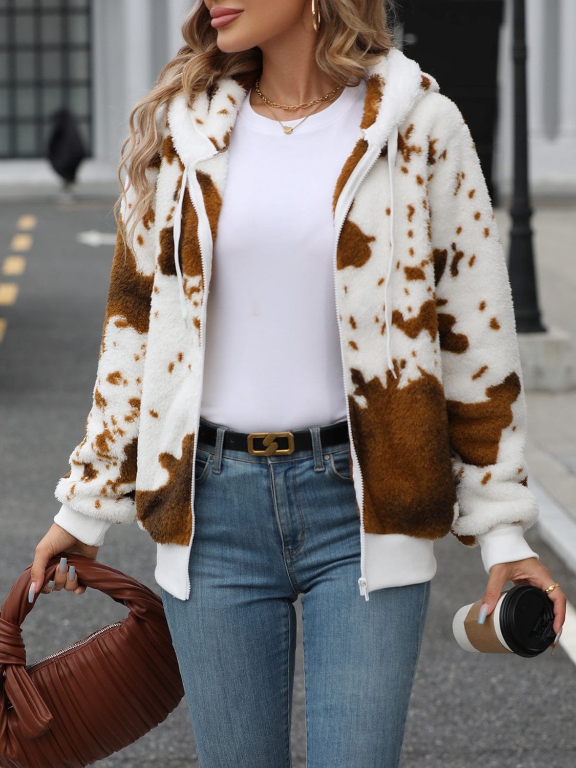 Fuzzy Drawstring Zip Up Hooded Jacket - Trendsi